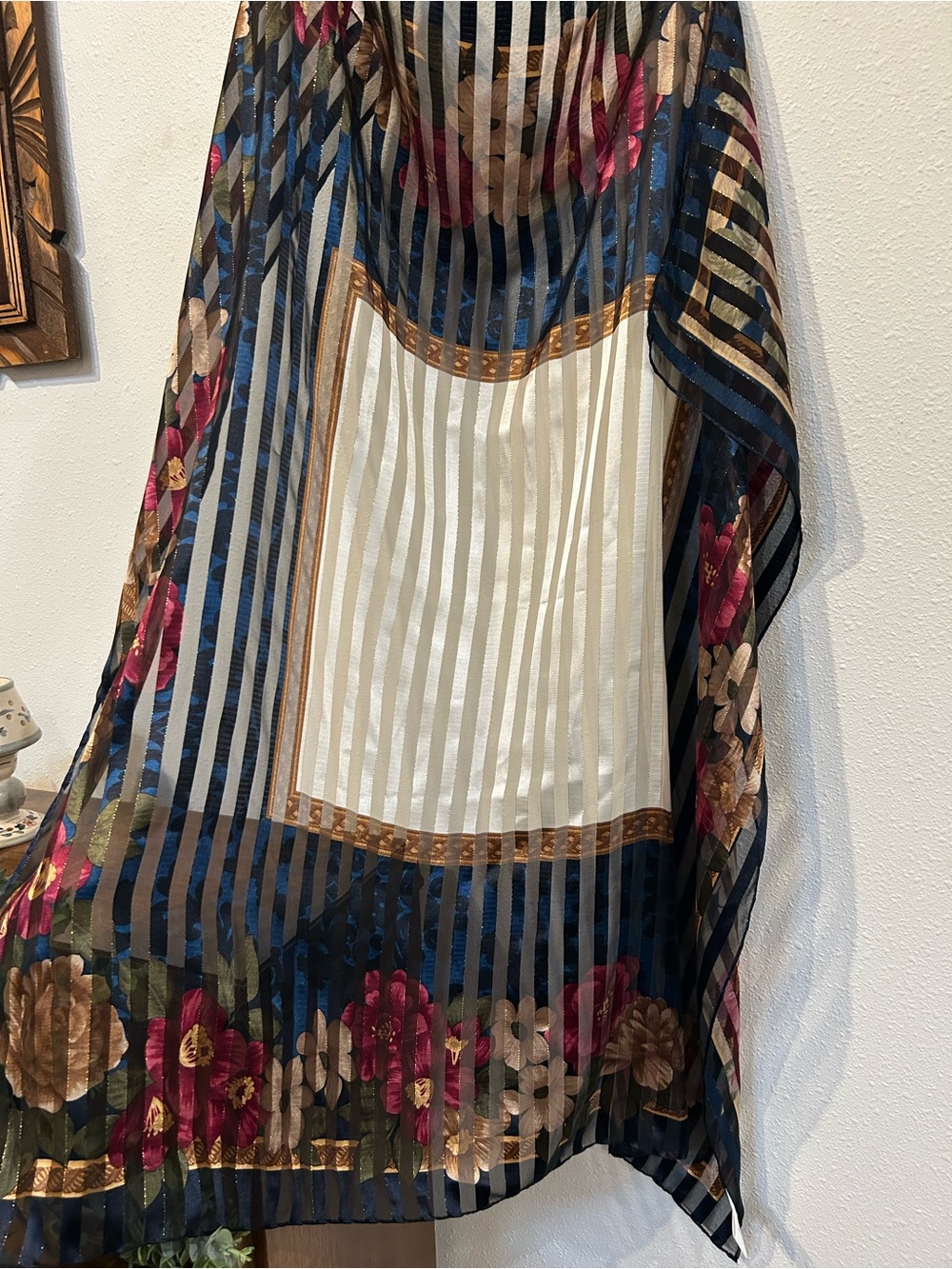 Liz Claiborne Navy Striped Floral Sheer Scarf with Cream Center